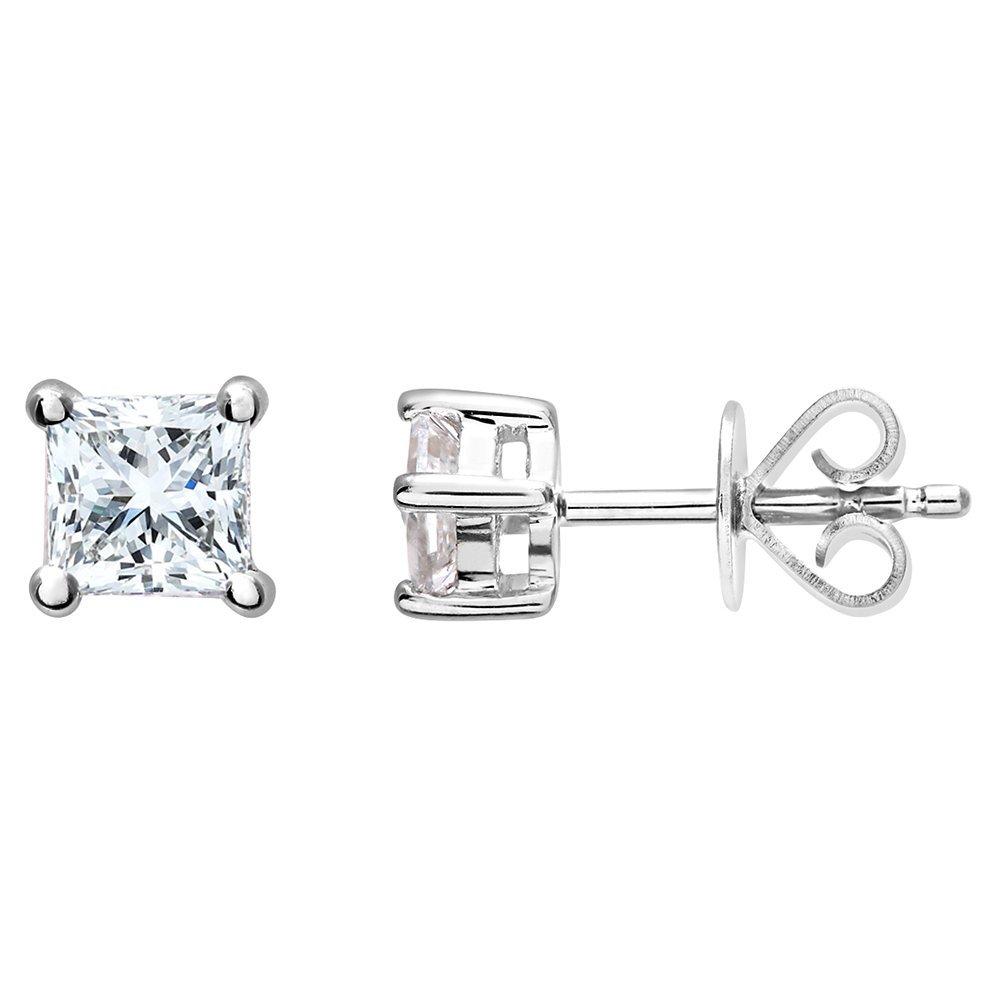 Product image 2 of 5, which shows Mogul 18ct White Gold Princess Cut Diamond Solitaire Stud Earrings and Pendant Necklace Jewellery Set, 1.00ct