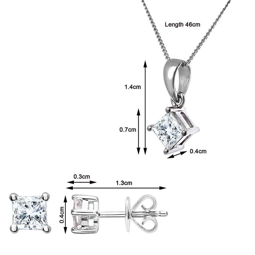 Product image 4 of 5, which shows Mogul 18ct White Gold Princess Cut Diamond Solitaire Stud Earrings and Pendant Necklace Jewellery Set, 1.00ct