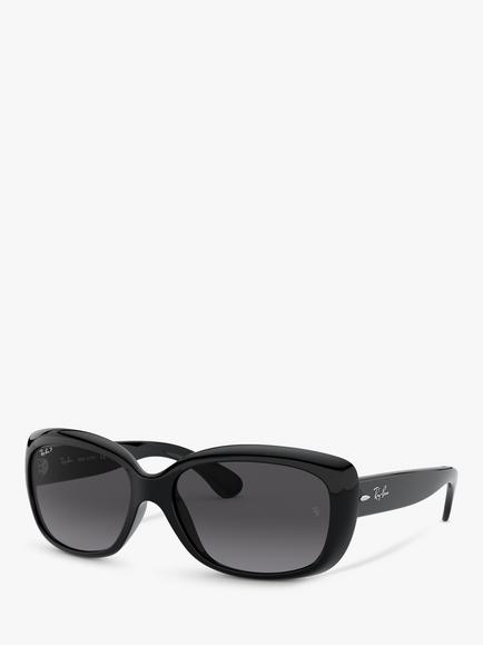 Ray-Ban RB4101 Polarised Jackie Ohh Rectangular Sunglasses, Black/Grey Gradient