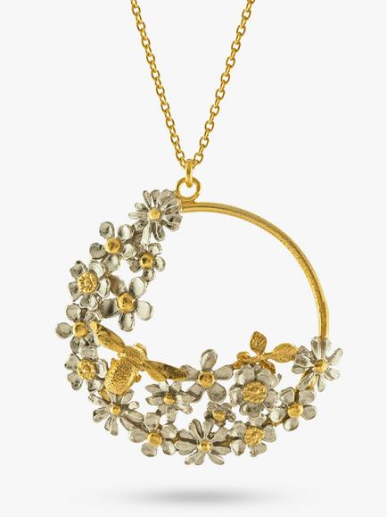 Alex Monroe Flower and Bee Spring Pendant Necklace, Gold, Gold