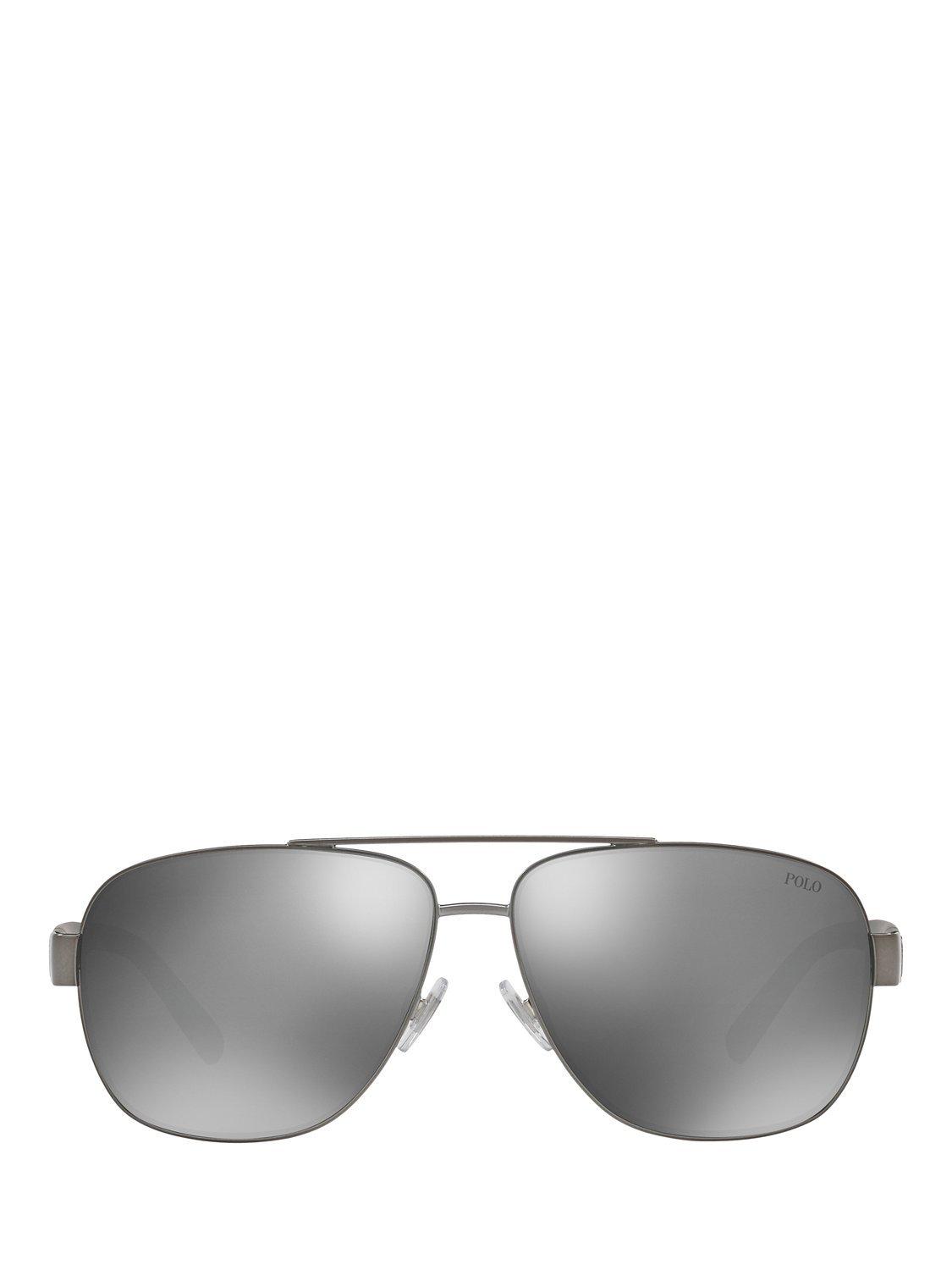 Product image 2 of 10, which shows Polo Ralph Lauren PH3110 Men's Aviator Sunglasses, Charcoal/Mirror Silver
