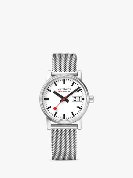 Mondaine MSE.30210.SM Women's Evo 2 30mm Date Mesh Bracelet Strap Watch, Silver/White, Silver/White