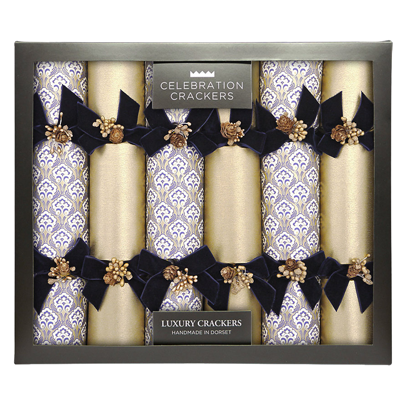 Celebration Crackers Luxury Handmade Damask Christmas Crackers, Pack of 6, Gold/Blue