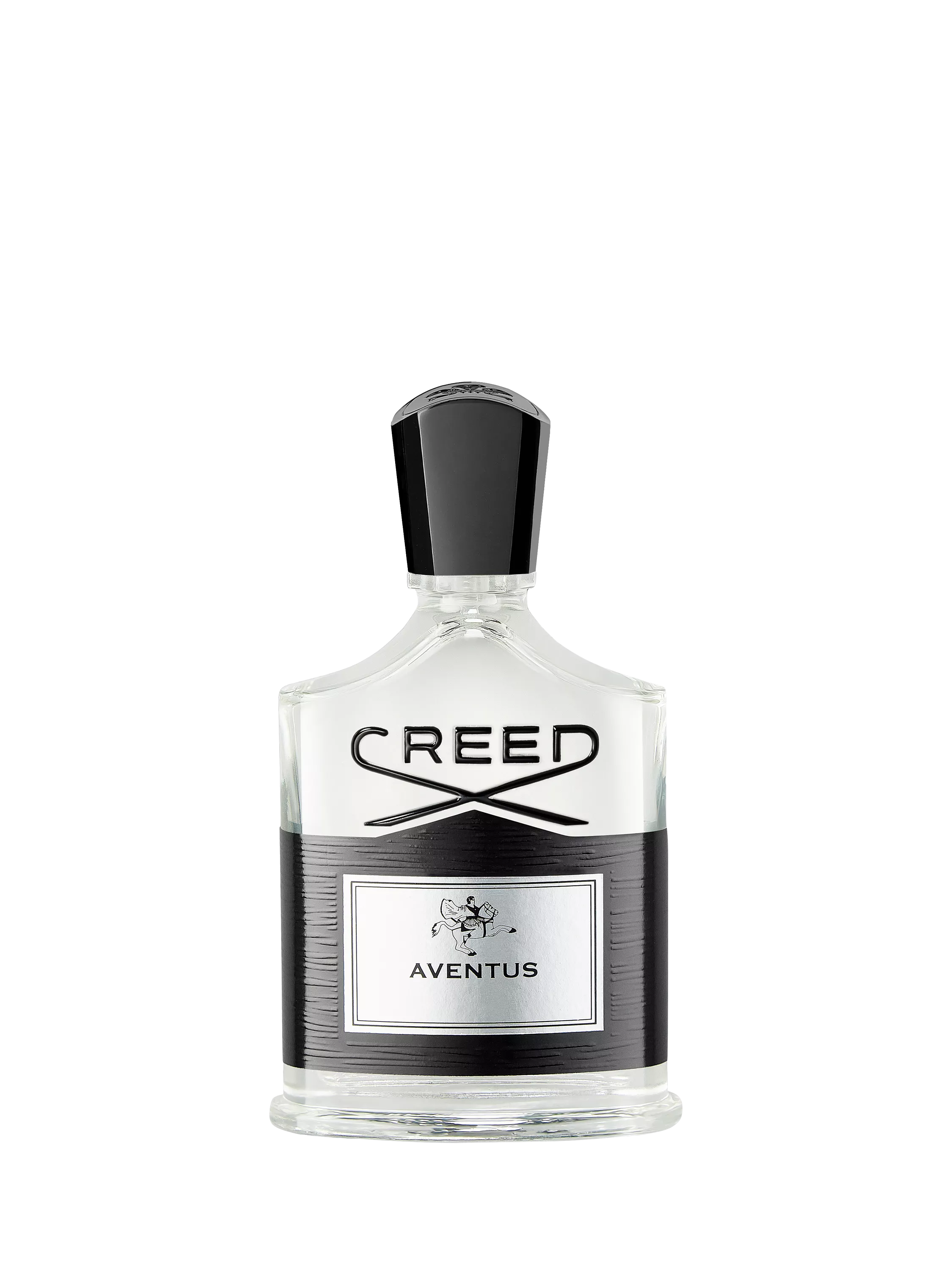 Creed Aventus men's eau de parfum bottle with black cap and label, isolated on black background