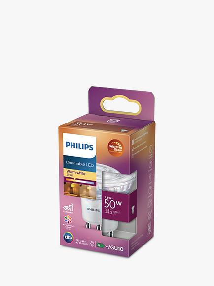Philips 3.8W LED Warm Glow GU10 Dimmable Light Bulb, Silver