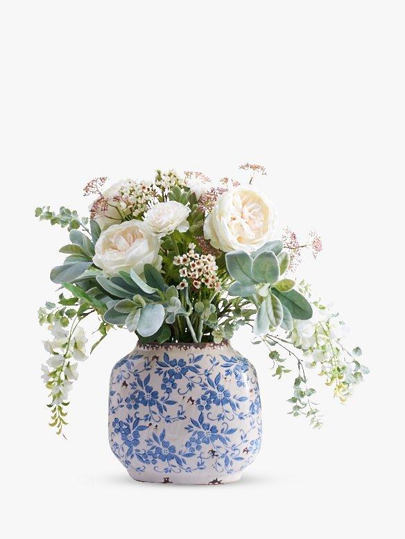 Peony Artificial Country Blue & White Floral Arrangement In Ceramic Vase