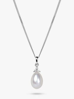E.W Adams 9ct Gold Diamond and Pearl Pendant Necklace, White Gold, White Gold