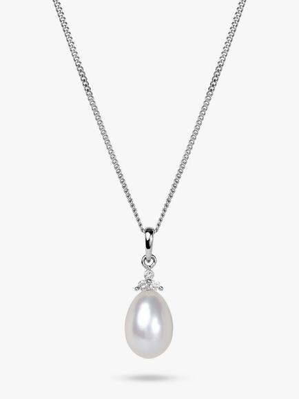 E.W Adams 9ct Gold Diamond and Pearl Pendant Necklace, White Gold, White Gold