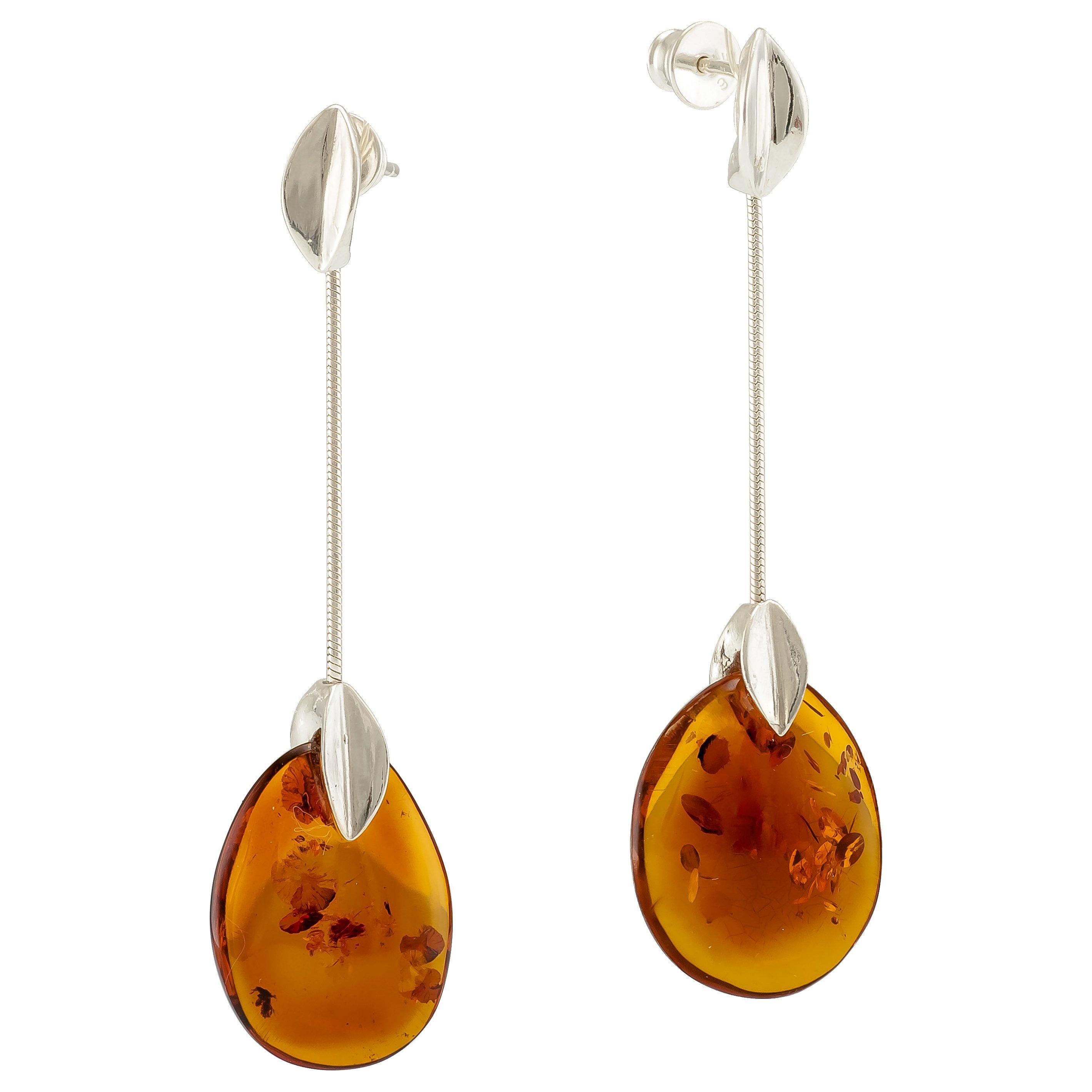 Product image 1 of 3, which shows Be-Jewelled Amber Snake Drop Earrings, Silver/Cognac