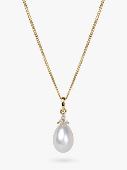 E.W Adams 9ct Gold Diamond and Pearl Pendant Necklace, Gold, Gold