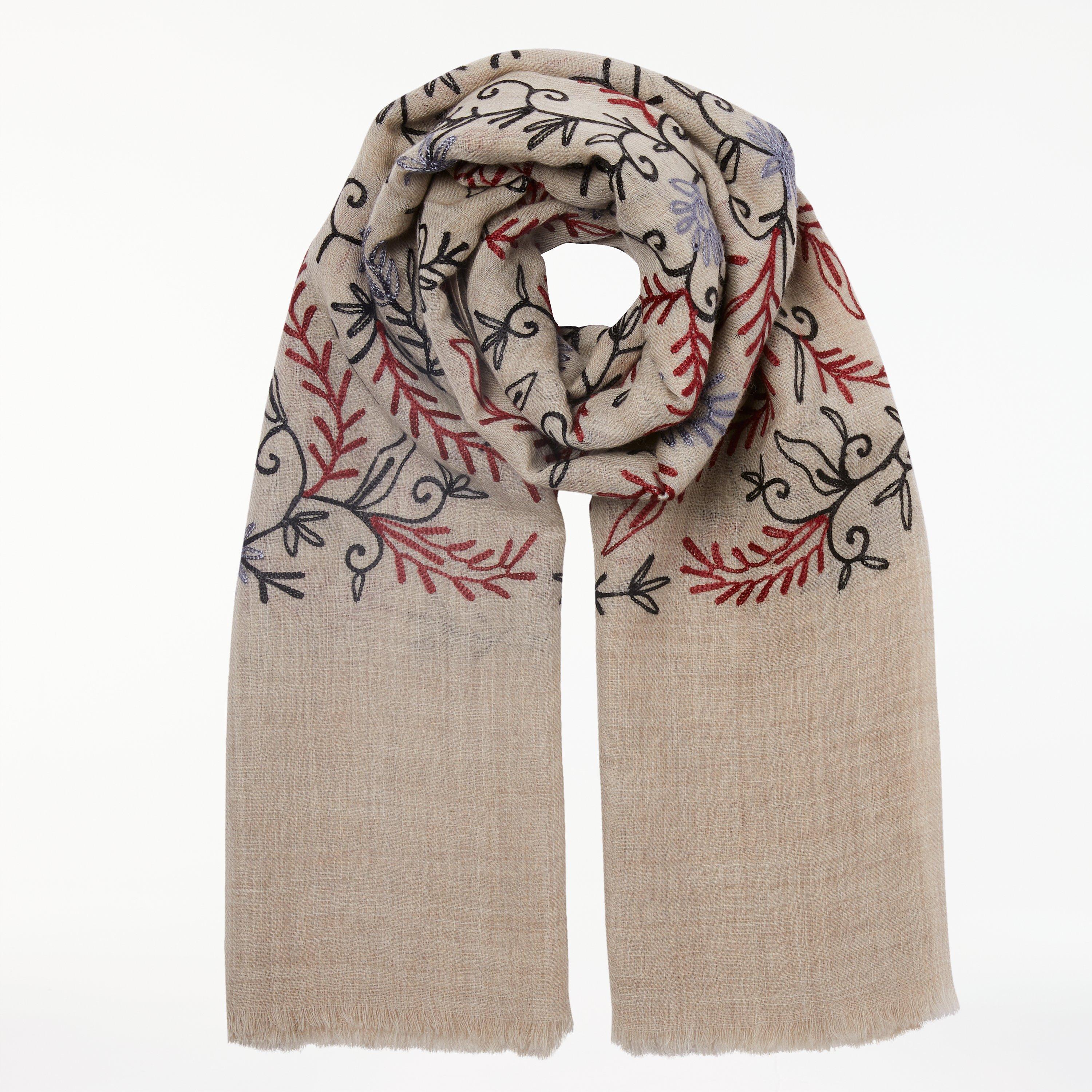 John Lewis Partners Embroidered Wool Scarf Natural Mix