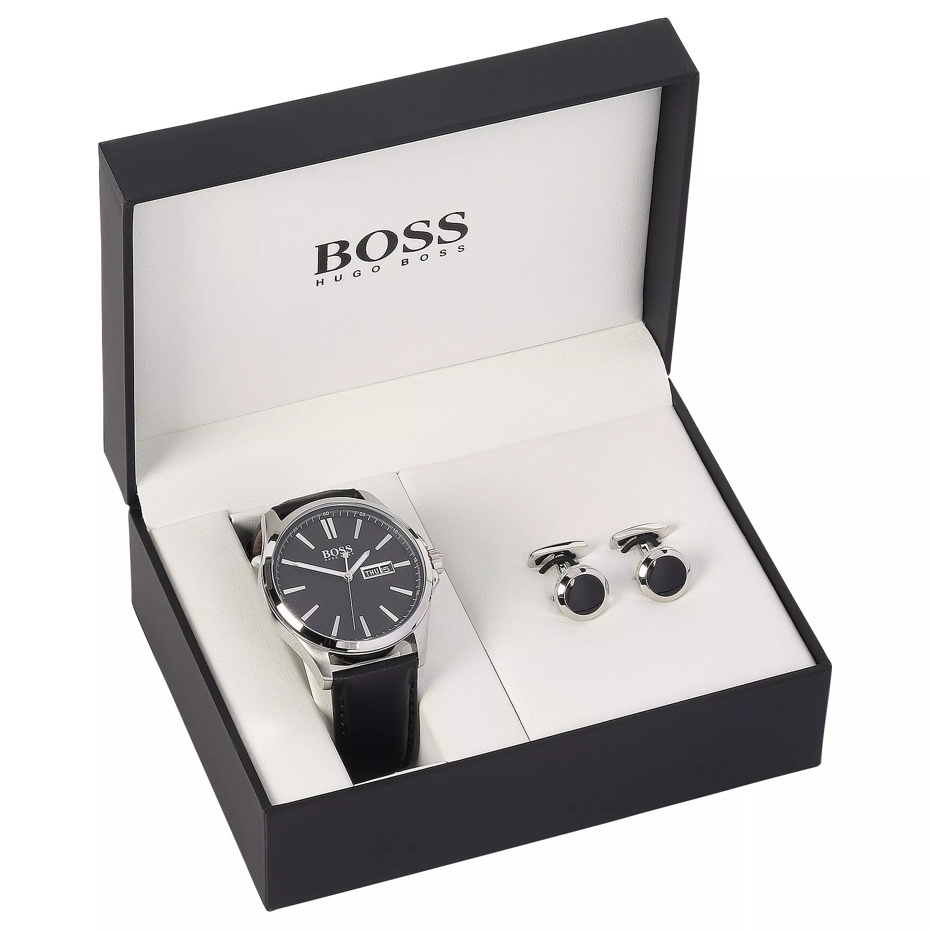 HUGO BOSS 1570054 Men s Day Date Leather Strap Watch and Cufflinks Gift Set Black