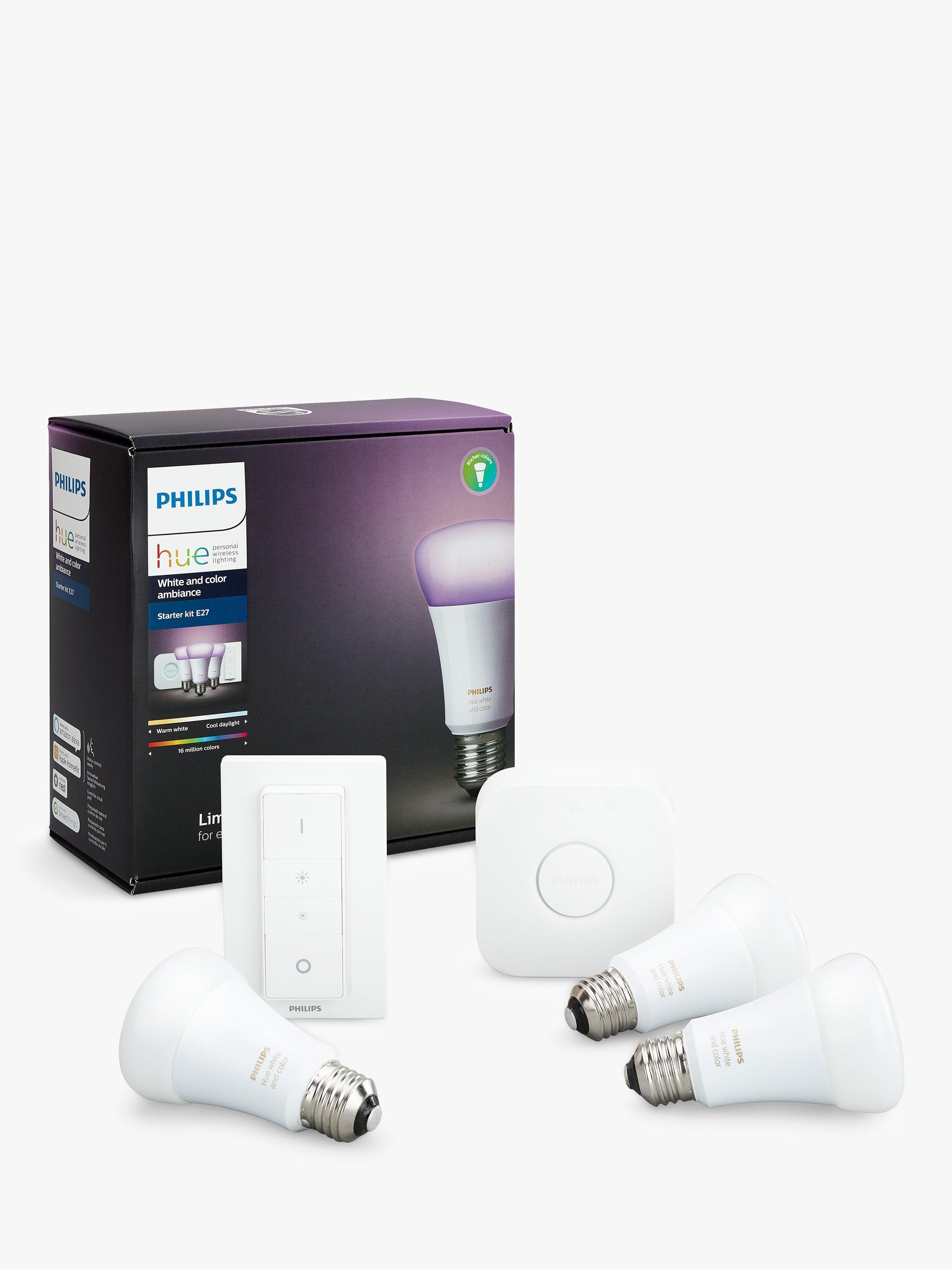 Philips Hue White and Colour Ambiance Wireless Lighting LED Starter Kit with 3 Bulbs, 10W E27 Edison Screw Cap