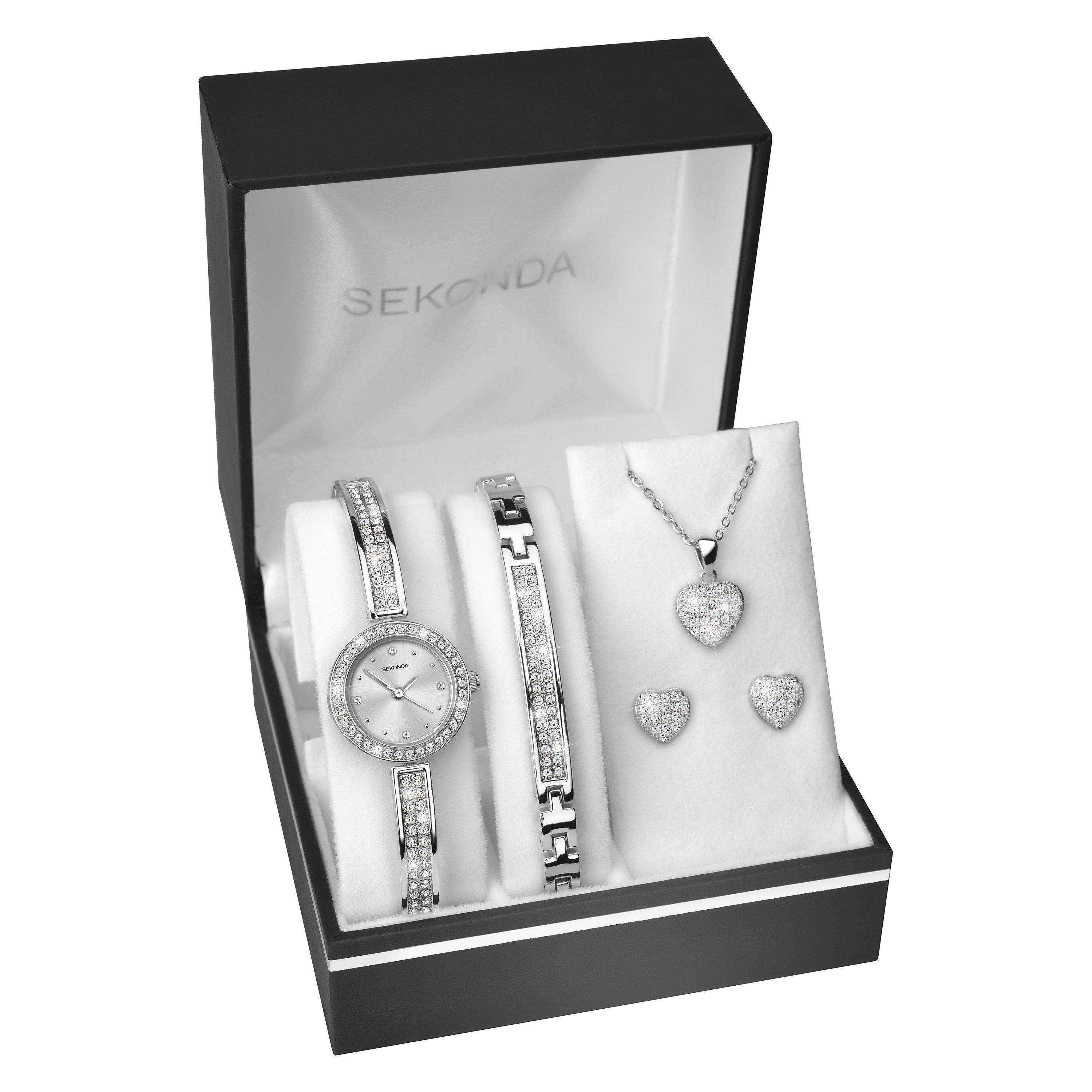 Sekonda 2528G.76 Women's Crystal Bracelet Strap Watch, Bangle, Necklace and Stud Earrings Gift Set, Silver