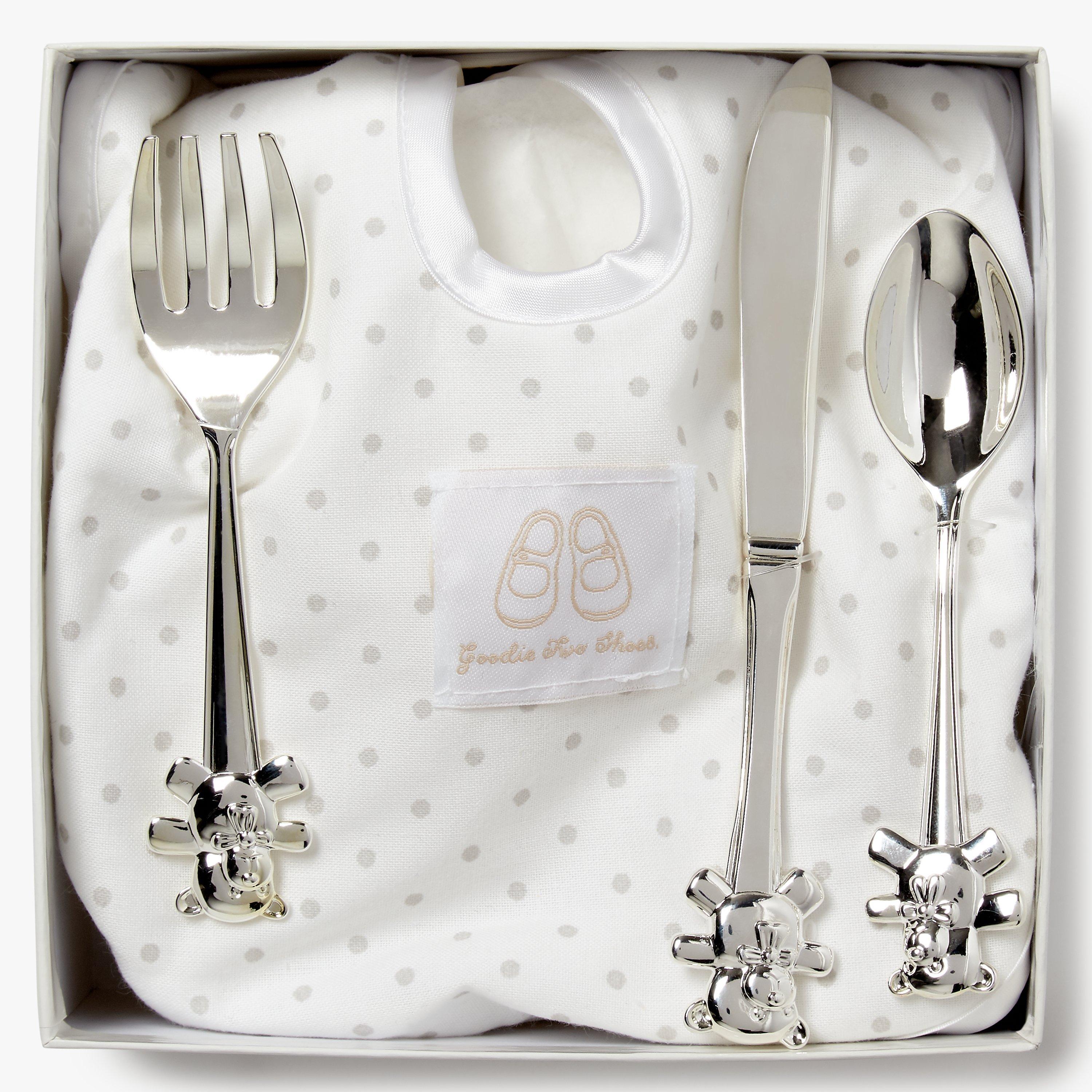English Trousseau Silver Plated Cutlery Set with Bib