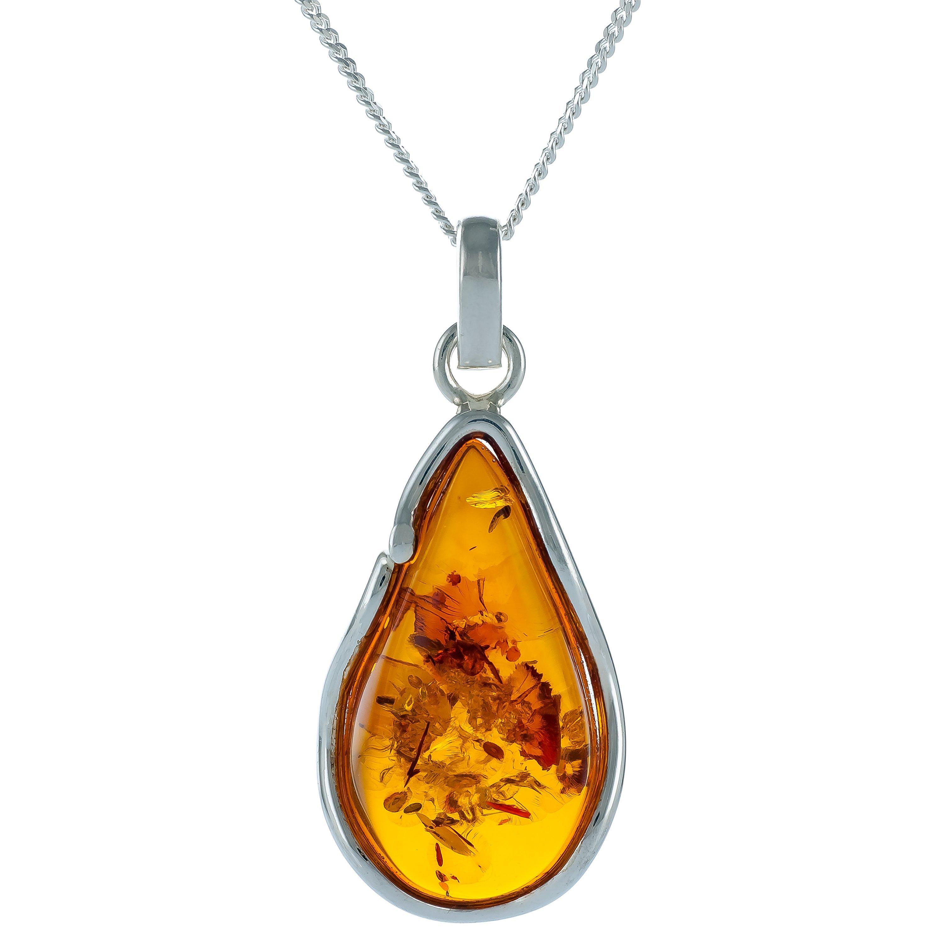 Be-Jewelled Pear Amber Pendant Necklace, Cognac