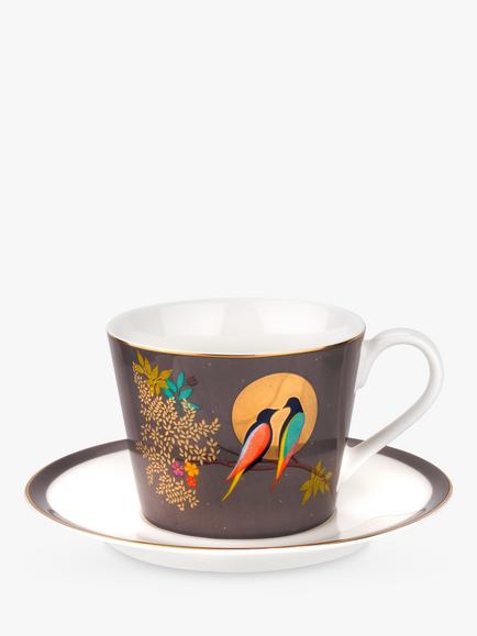Sara Miller Chelsea Collection Birds Cup and Saucer, 200ml, Grey, Grey