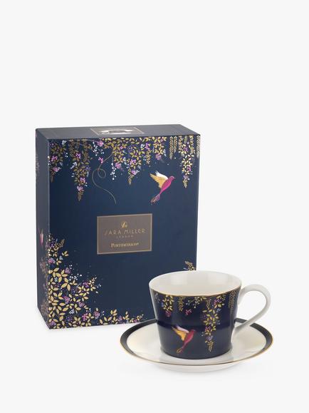 Sara Miller Chelsea Collection Hummingbirds Cup and Saucer, 200ml, Navy - view 2, Navy