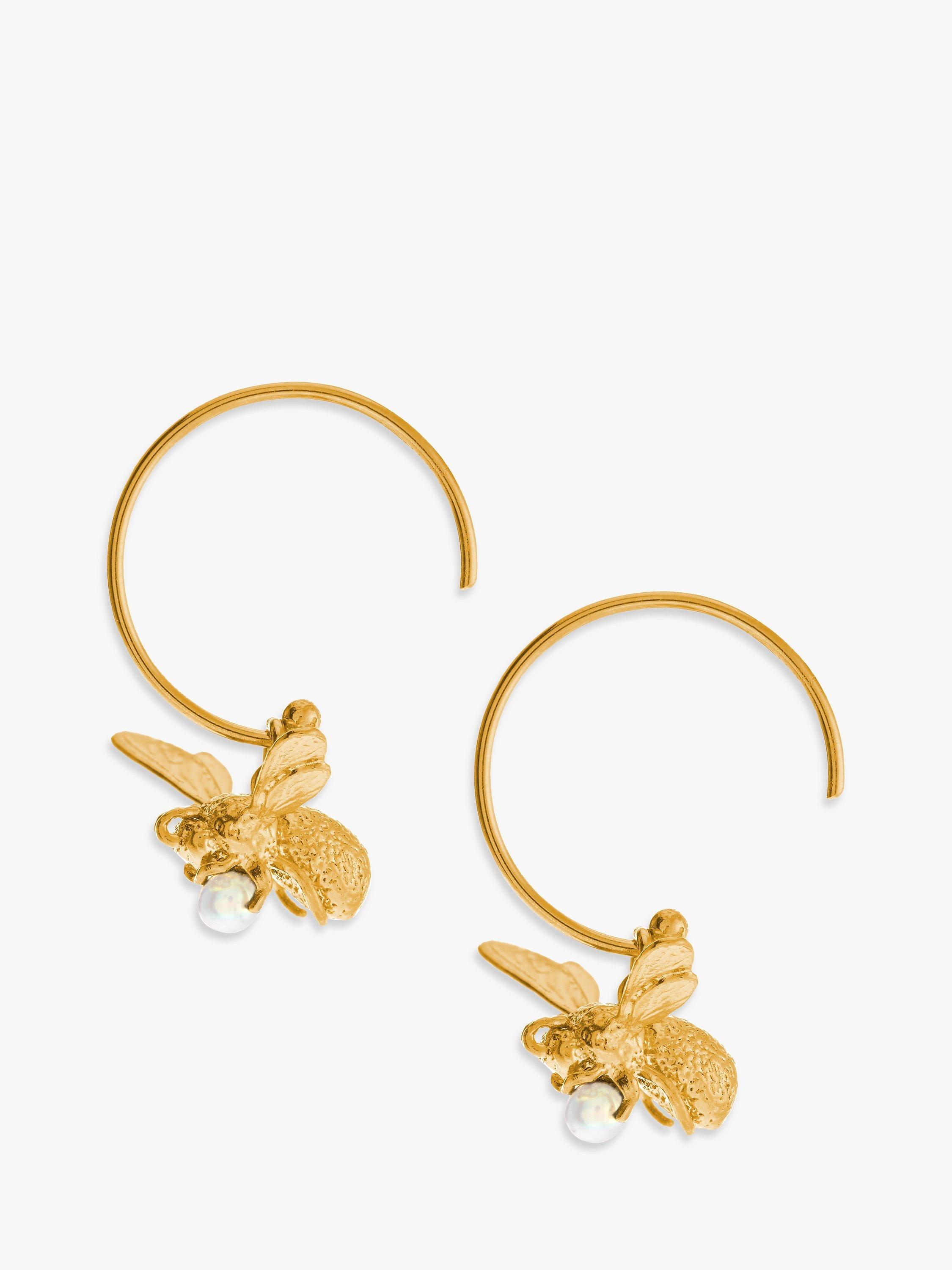 Product image 1 of 5, which shows Alex Monroe 22ct Gold Vermeil Flying Bee Freshwater Pearl Hoop Earrings, Gold