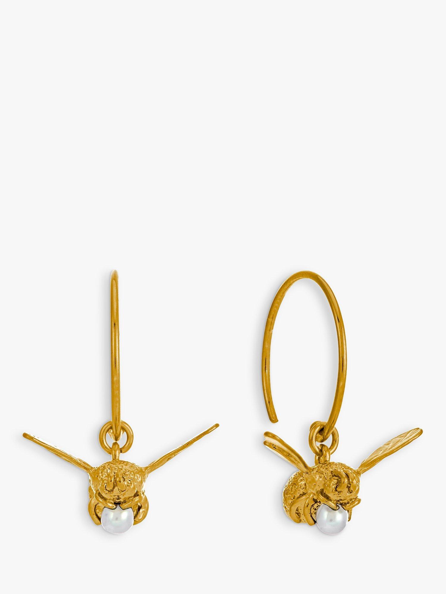 Product image 3 of 5, which shows Alex Monroe 22ct Gold Vermeil Flying Bee Freshwater Pearl Hoop Earrings, Gold