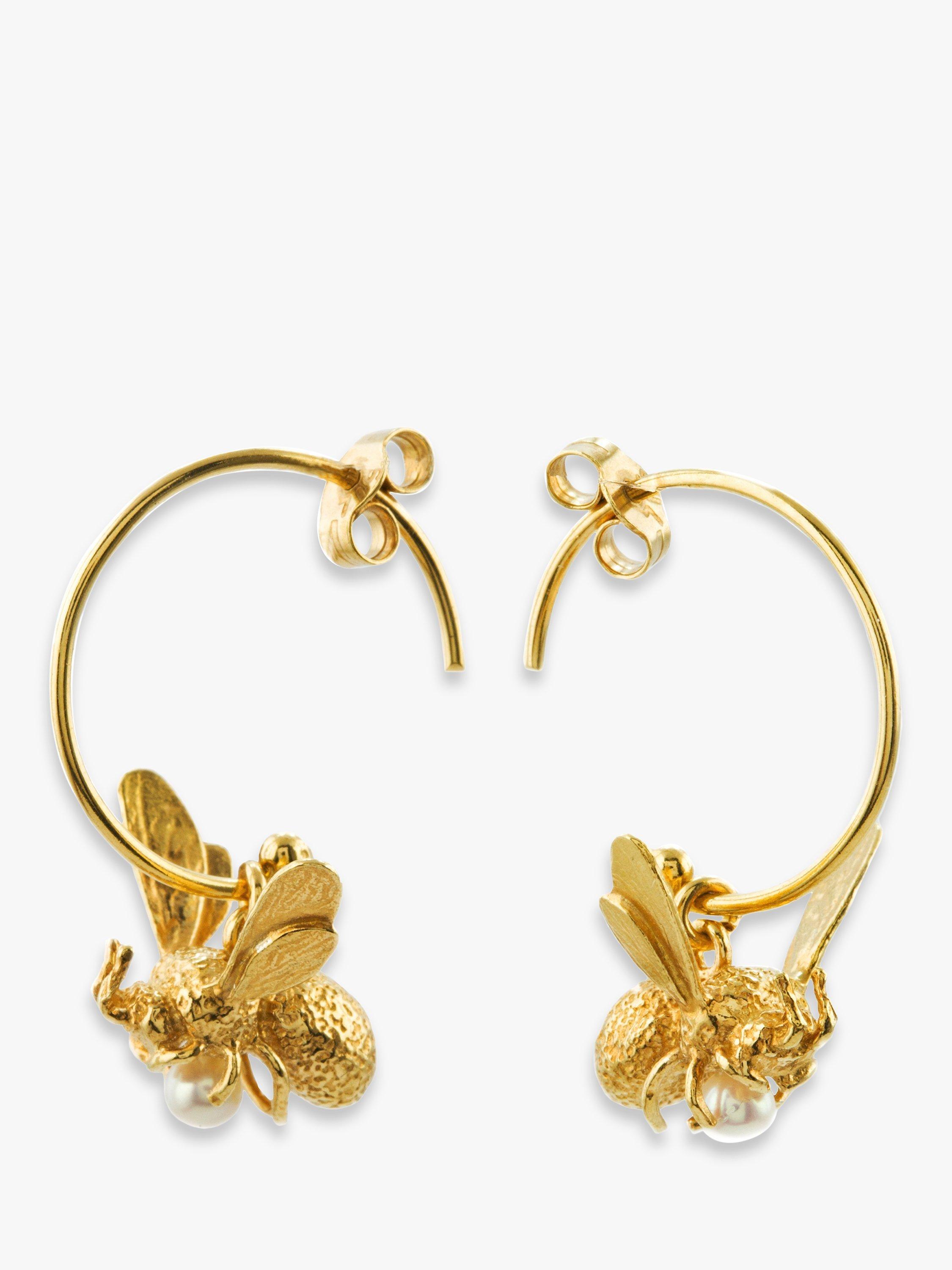 Product image 5 of 5, which shows Alex Monroe 22ct Gold Vermeil Flying Bee Freshwater Pearl Hoop Earrings, Gold