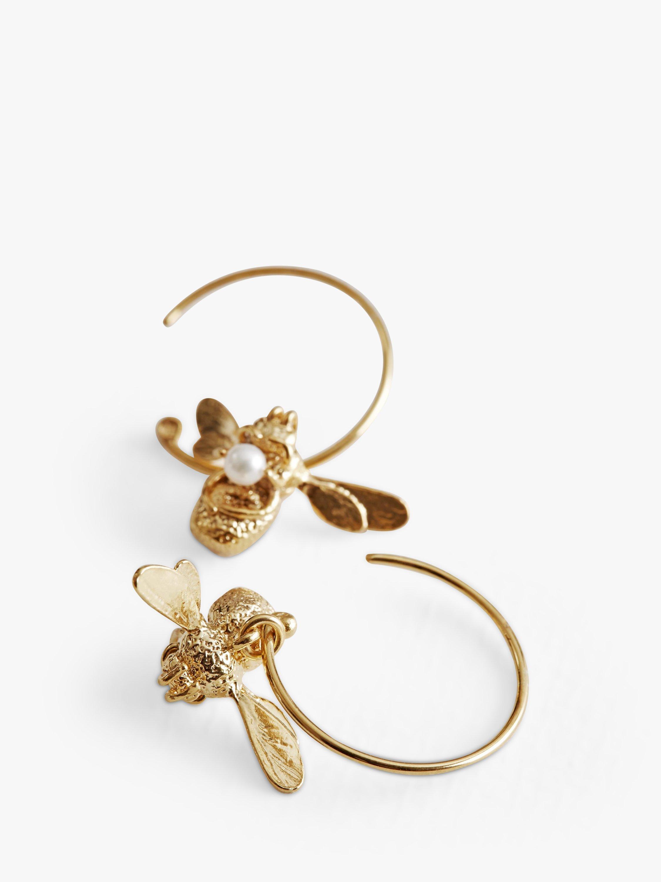 Product image 4 of 5, which shows Alex Monroe 22ct Gold Vermeil Flying Bee Freshwater Pearl Hoop Earrings, Gold