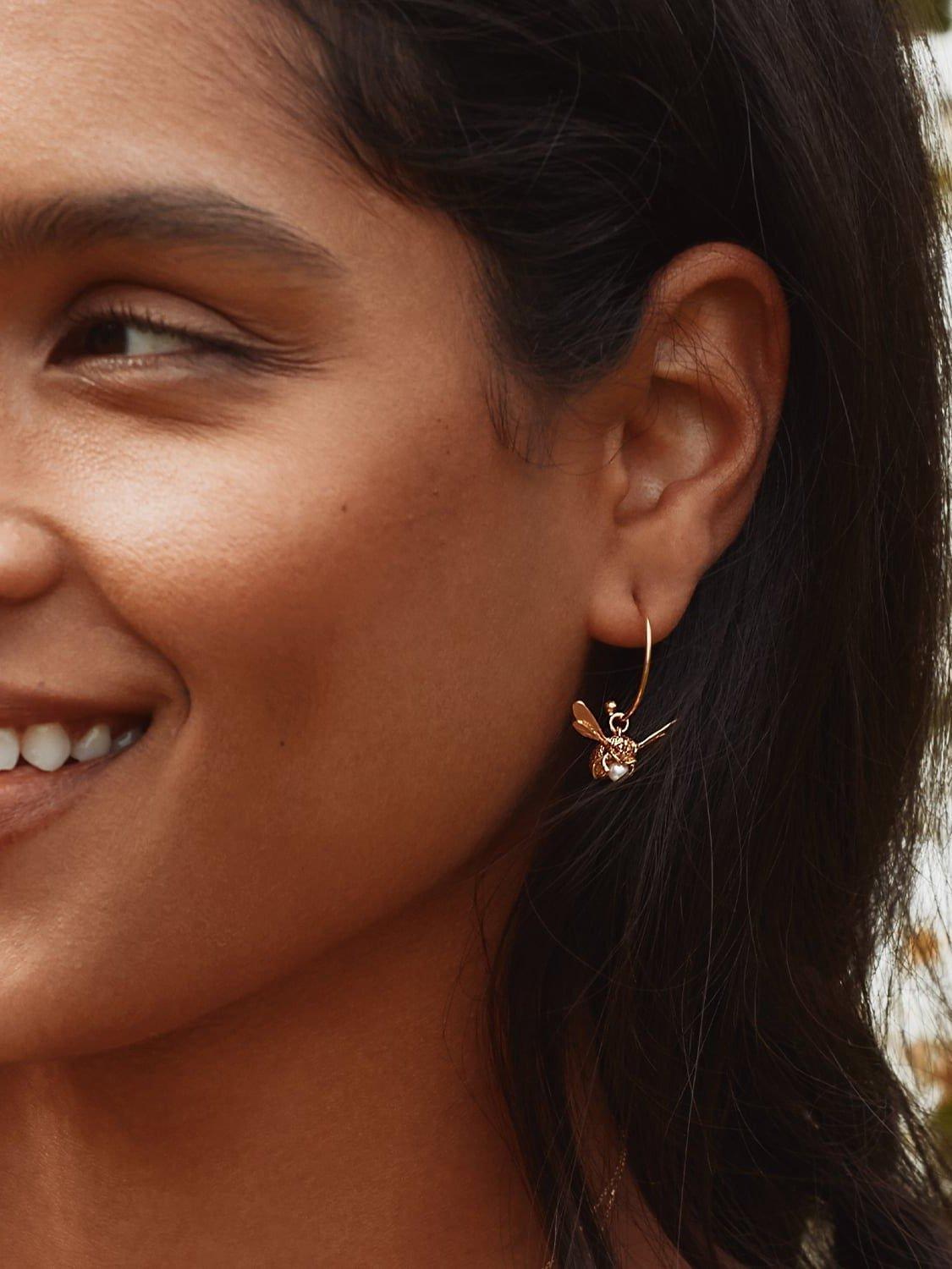 Product image 2 of 5, which shows Alex Monroe 22ct Gold Vermeil Flying Bee Freshwater Pearl Hoop Earrings, Gold