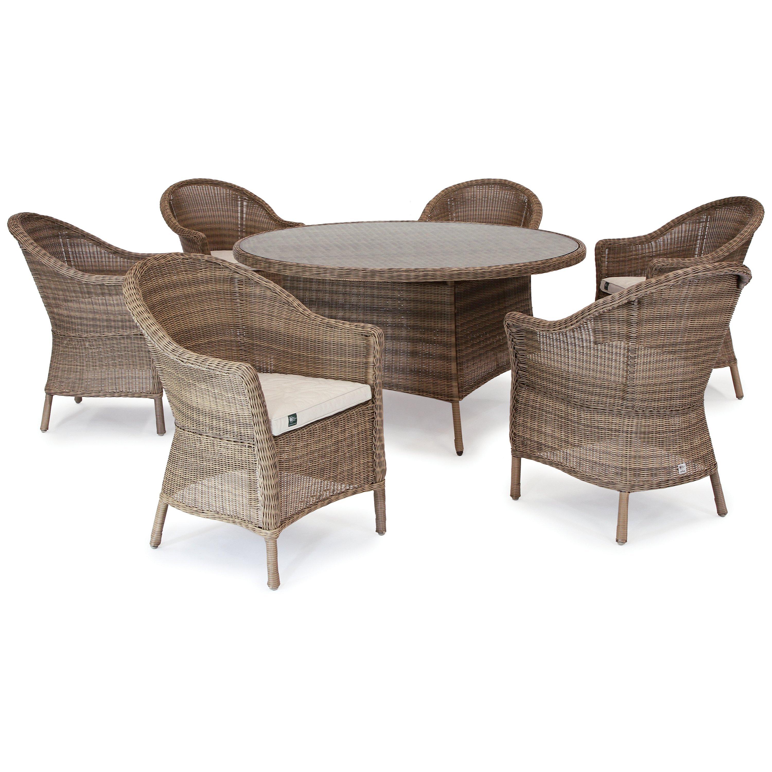 KETTLER RHS Harlow Carr 6 Seater Round Garden Dining Table and Chairs Set, Natural