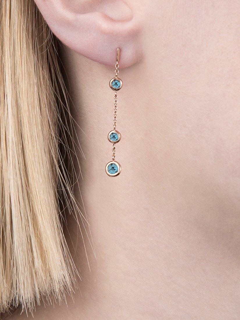 Product image 2 of 3, which shows London Road 9ct Rose Gold Pimlico Dew Drop Chain Earrings, Blue Topaz
