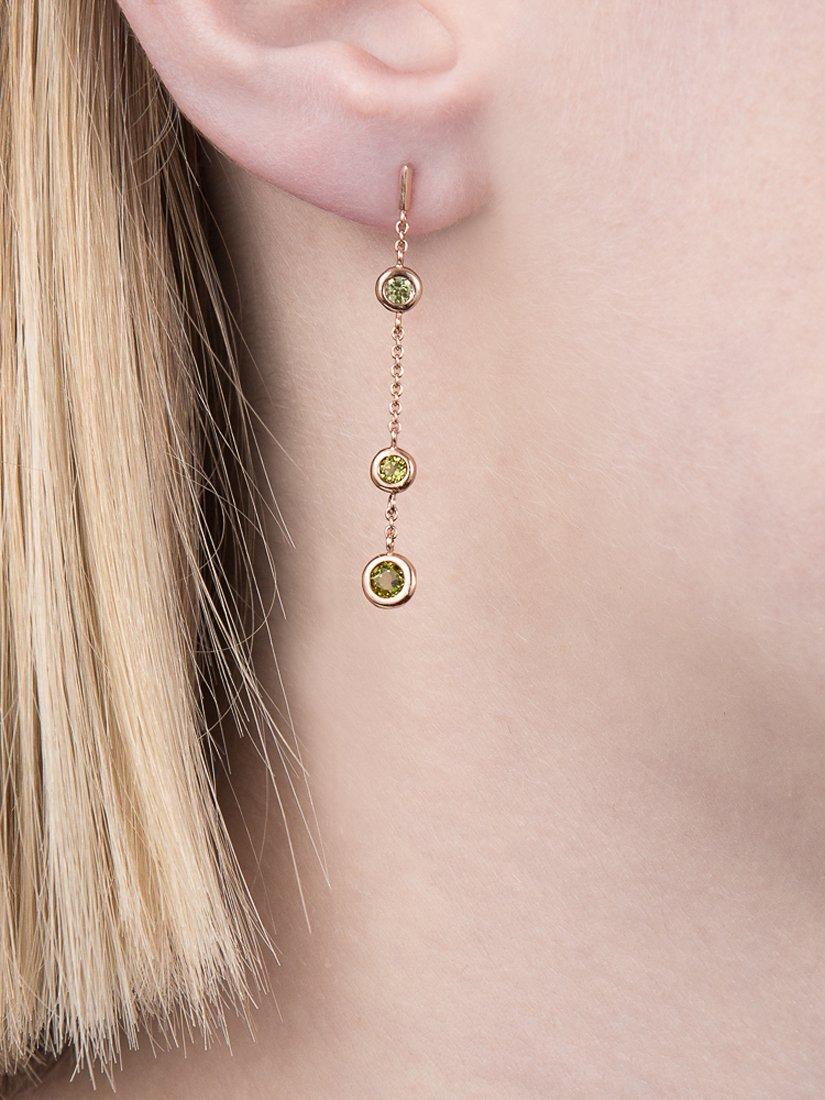 Product image 2 of 3, which shows London Road 9ct Rose Gold Pimlico Dew Drop Chain Earrings, Peridot