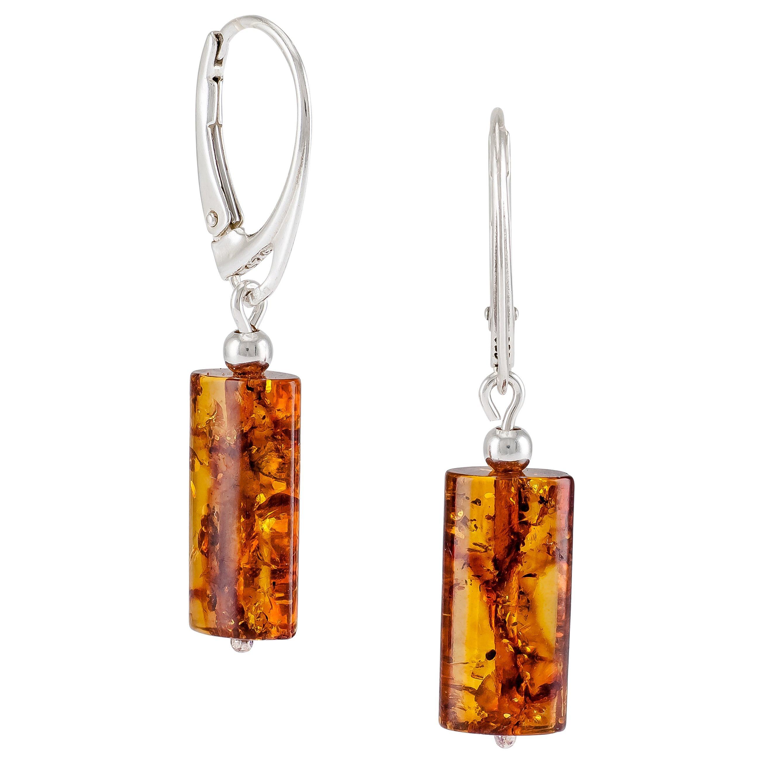Product image 1 of 3, which shows Be-Jewelled Tubular Amber Drop Earrings, Cognac