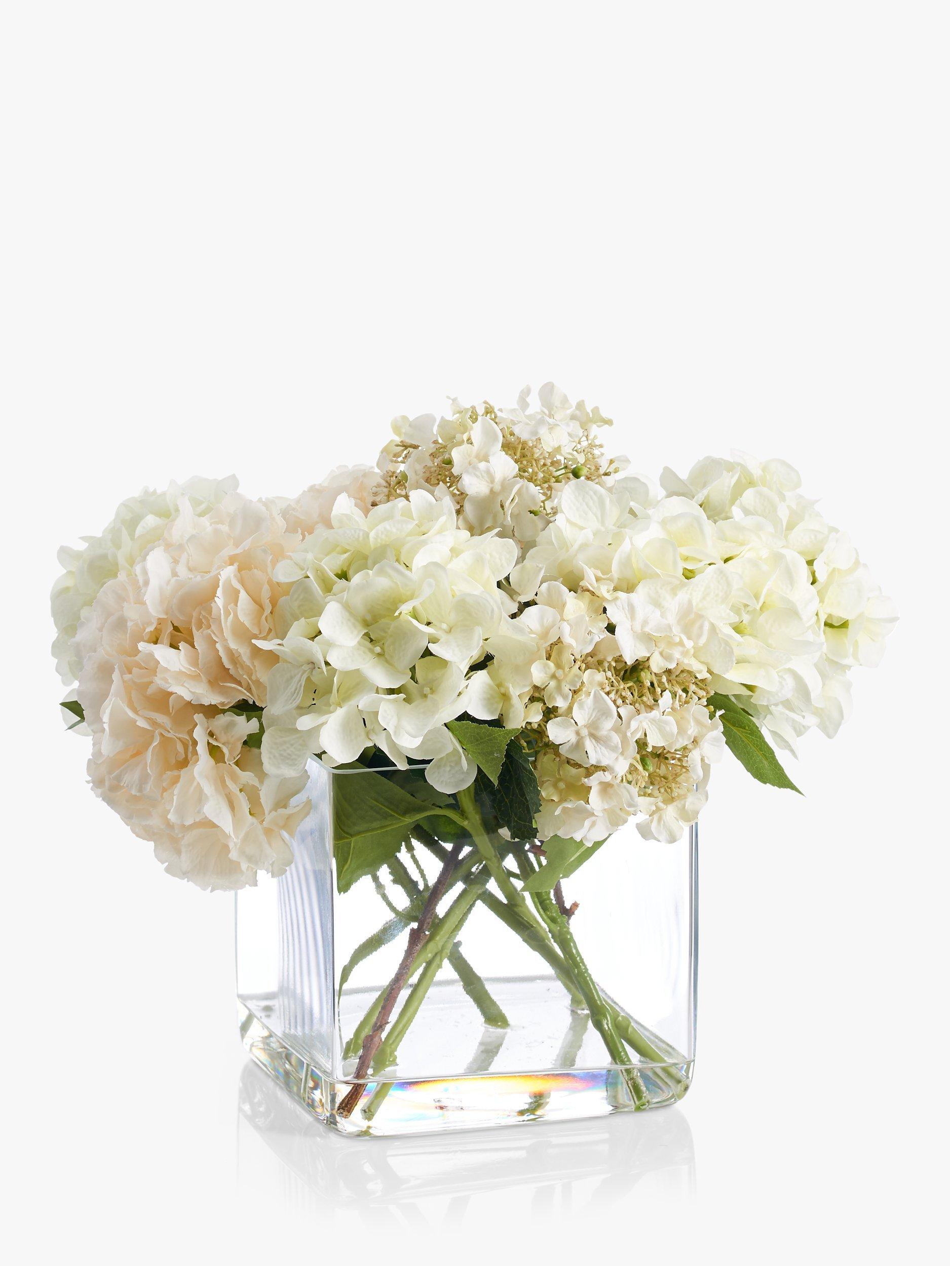 Peony Artificial Hydrangea In Glass Cube, Large, White
