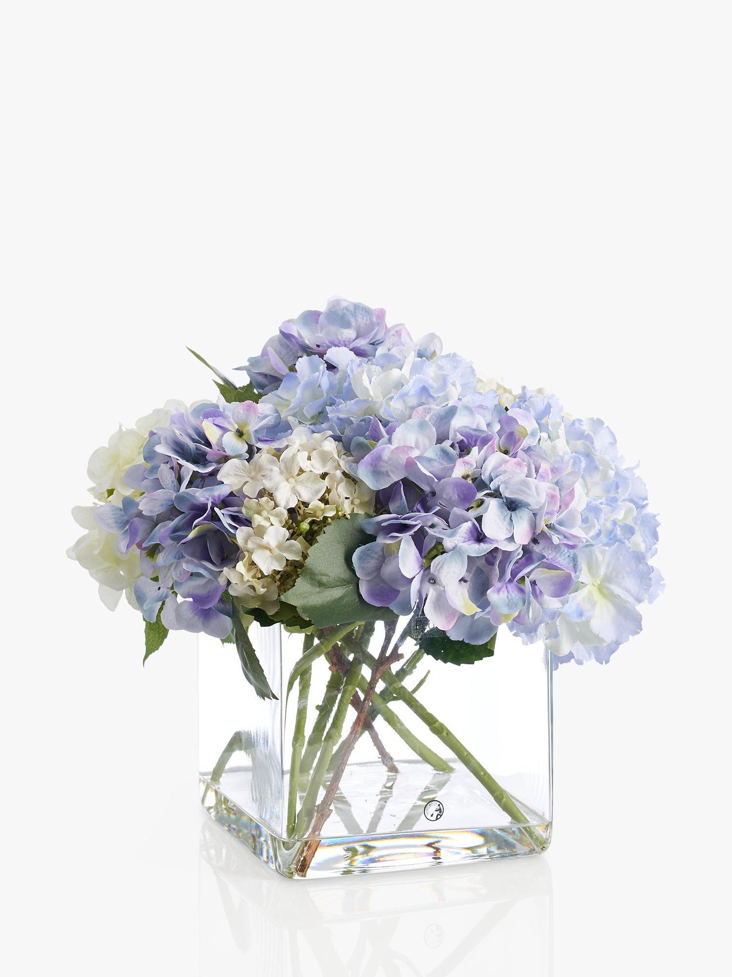 Peony Artificial Hydrangea In Glass Cube, Large, White/Blue
