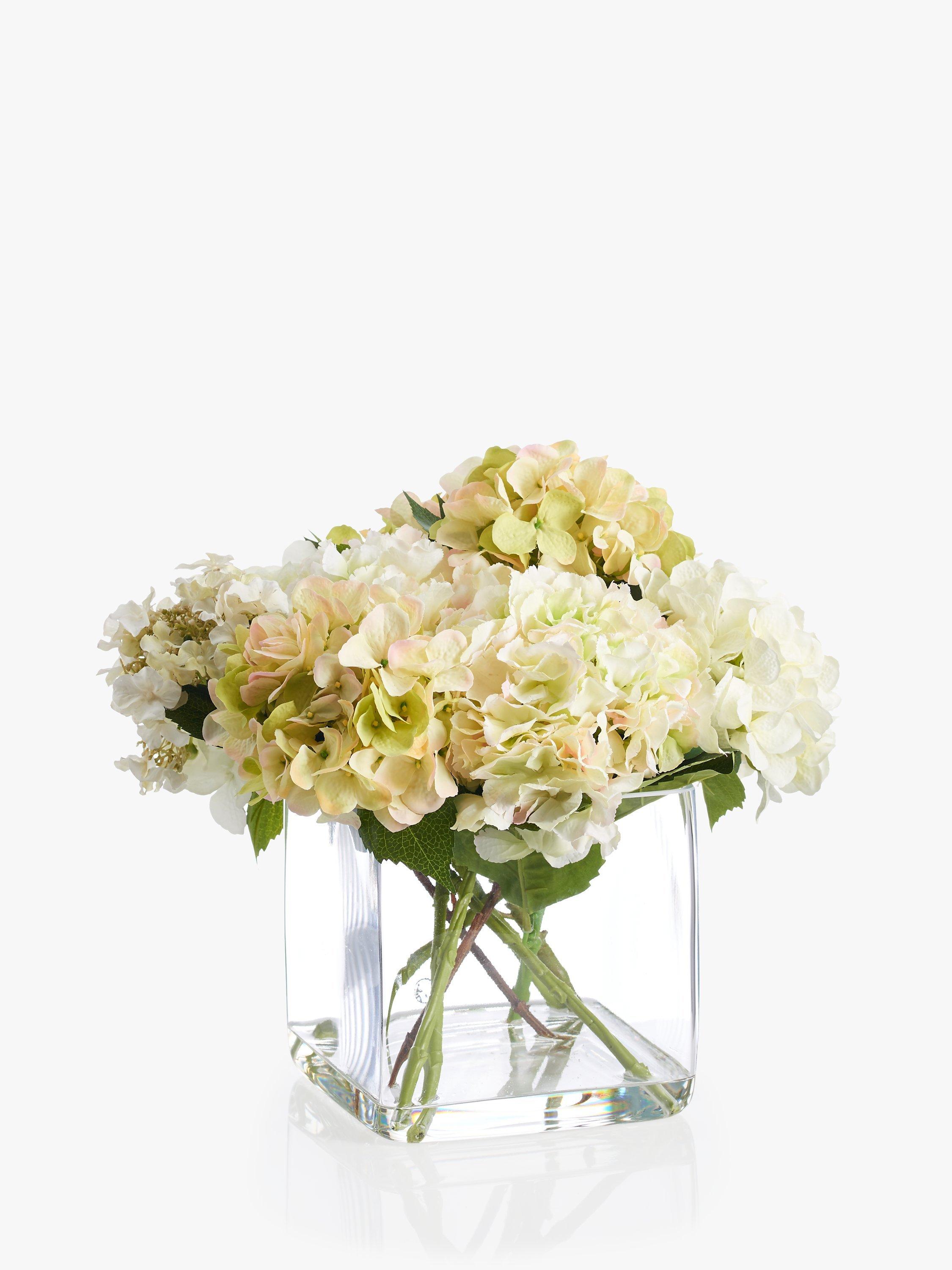 Peony Artificial Hydrangea In Glass Cube, Large, White/Green