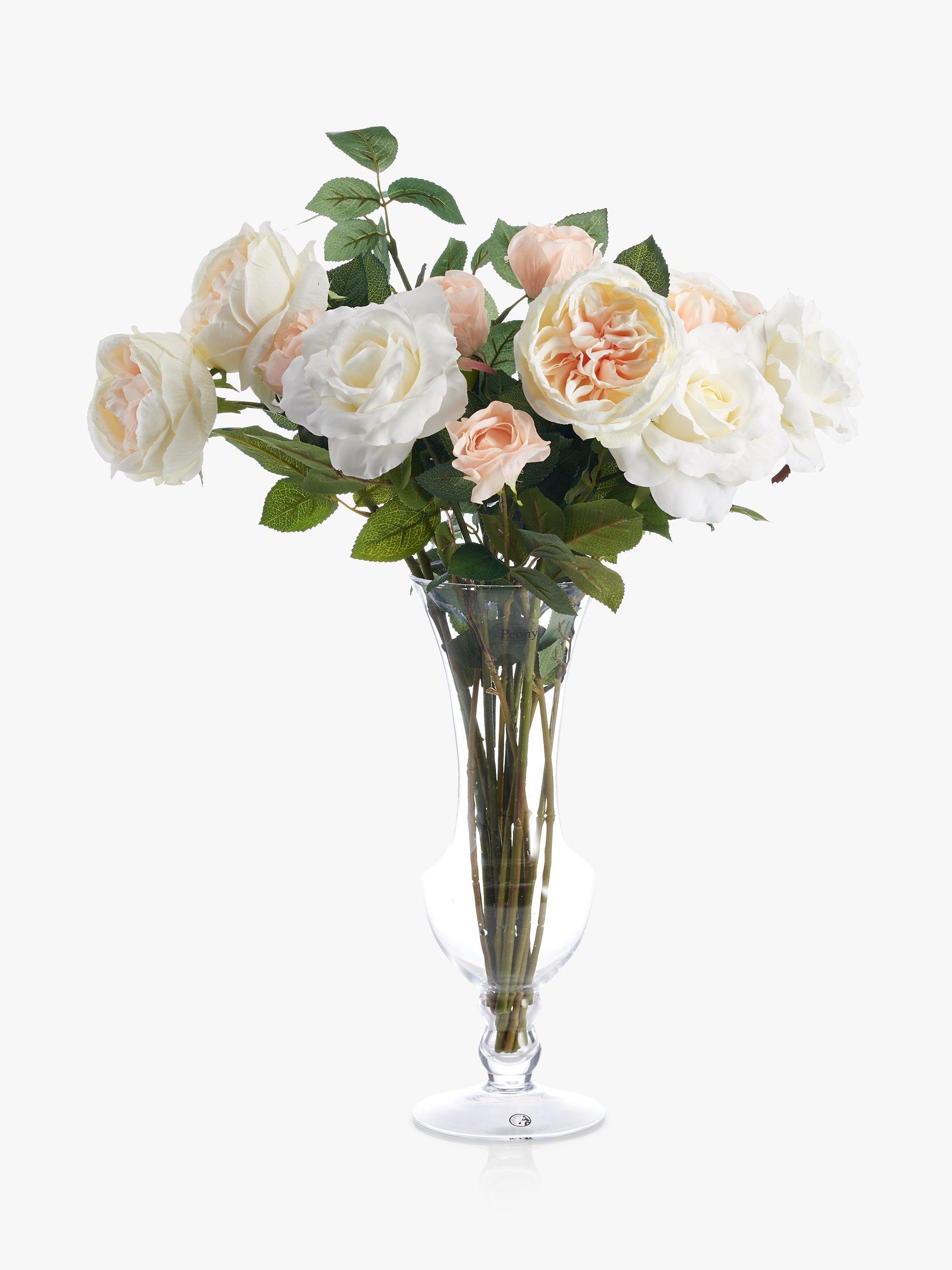 Peony Artificial Rose in Waisted Glass Vase, White