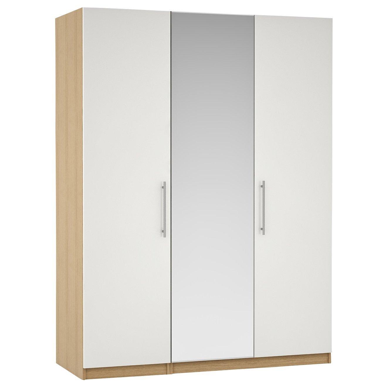 John Lewis ANYDAY Mix it Stainless Steel Long T-Bar Handle, Mirrored Triple Wardrobe with Internal Drawers/Shelving, Gloss White Slab/Natural Oak