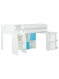 Stompa Uno S Plus Mid Sleeper with White Headboard, Pull-Out Desk and 2 Door Cube Unit - view 2, White/Aqua