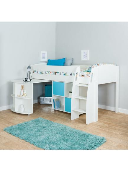 Stompa Uno S Plus Mid Sleeper with White Headboard, Pull-Out Desk and 2 Door Cube Unit, White/Aqua