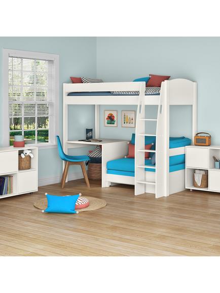 Stompa Uno S Plus High Sleeper Bed with Fixed Desk and Chair Bed, White/Aqua