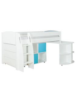 Stompa Uno S Plus Mid Sleeper with Pull-Out Desk, 3 Drawer Chest and 2 Door Cube Unit - view 2, White/Aqua