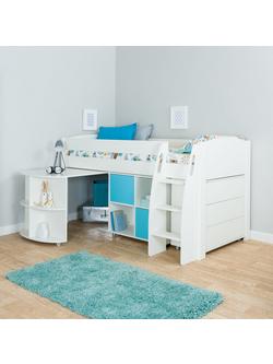 Stompa Uno S Plus Mid Sleeper with Pull-Out Desk, 3 Drawer Chest and 2 Door Cube Unit, White/Aqua