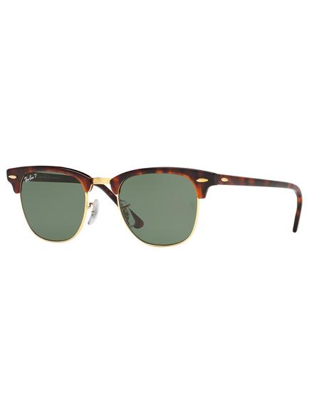 Ray-Ban RB3016 Men's Polarised Clubmaster Sunglasses, Tortoise/Green, Tortoise/Green
