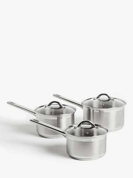 John Lewis Classic Glass Lid Stainless Steel Saucepan Set, 3 Pieces, Silver
