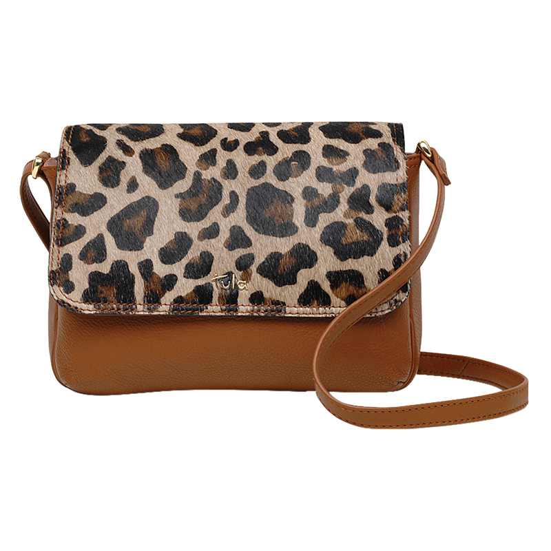 Tula Faux Leopard Leather Small Flapover Cross Body Bag, Tan