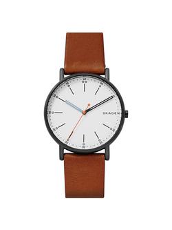 Skagen Men's Signatur Leather Strap Watch, Dark Brown/White