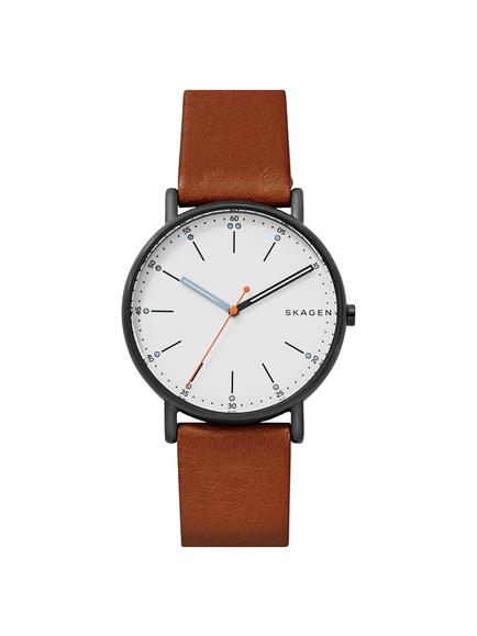 Skagen Men's Signatur Leather Strap Watch, Dark Brown/White