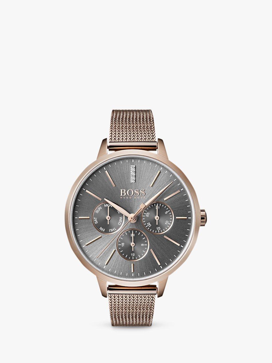 BOSS Women's Symphony Day Date Mesh Bracelet Strap Watch, Gold/Grey 1502424