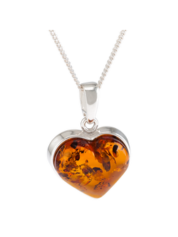 Be-Jewelled Baltic Amber Heart Pendant Necklace, Silver/Cognac, Silver/Cognac