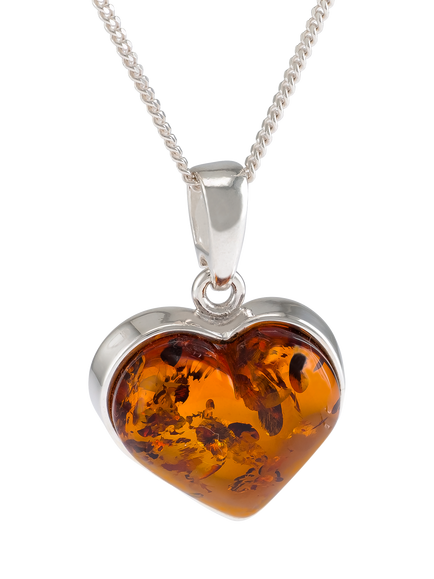 Be-Jewelled Baltic Amber Heart Pendant Necklace, Silver/Cognac, Silver/Cognac