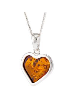 Be-Jewelled Baltic Amber Heart Pendant Necklace, Silver/Cognac - view 2, Silver/Cognac